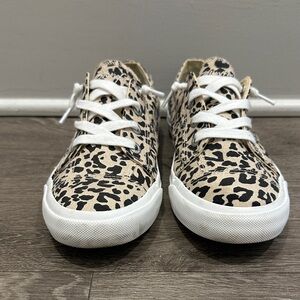 Leopard Print Canvas Lace-Up Sneakers - Women's Beige/Black